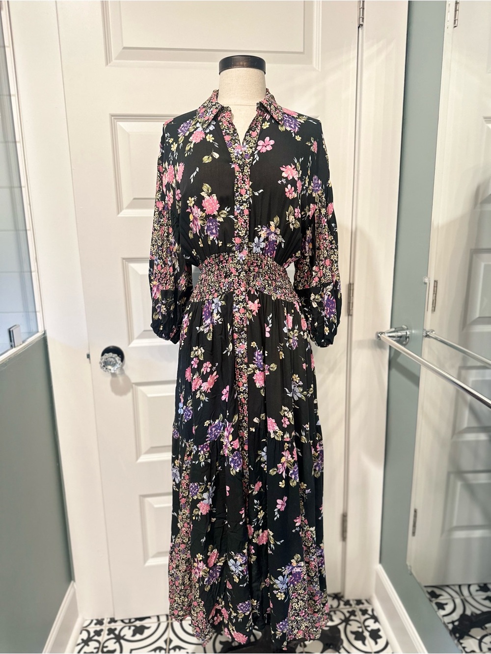 Free People Floral Maxi Dress Black Smocked Boho Button Front XS - Picture 5 of 13